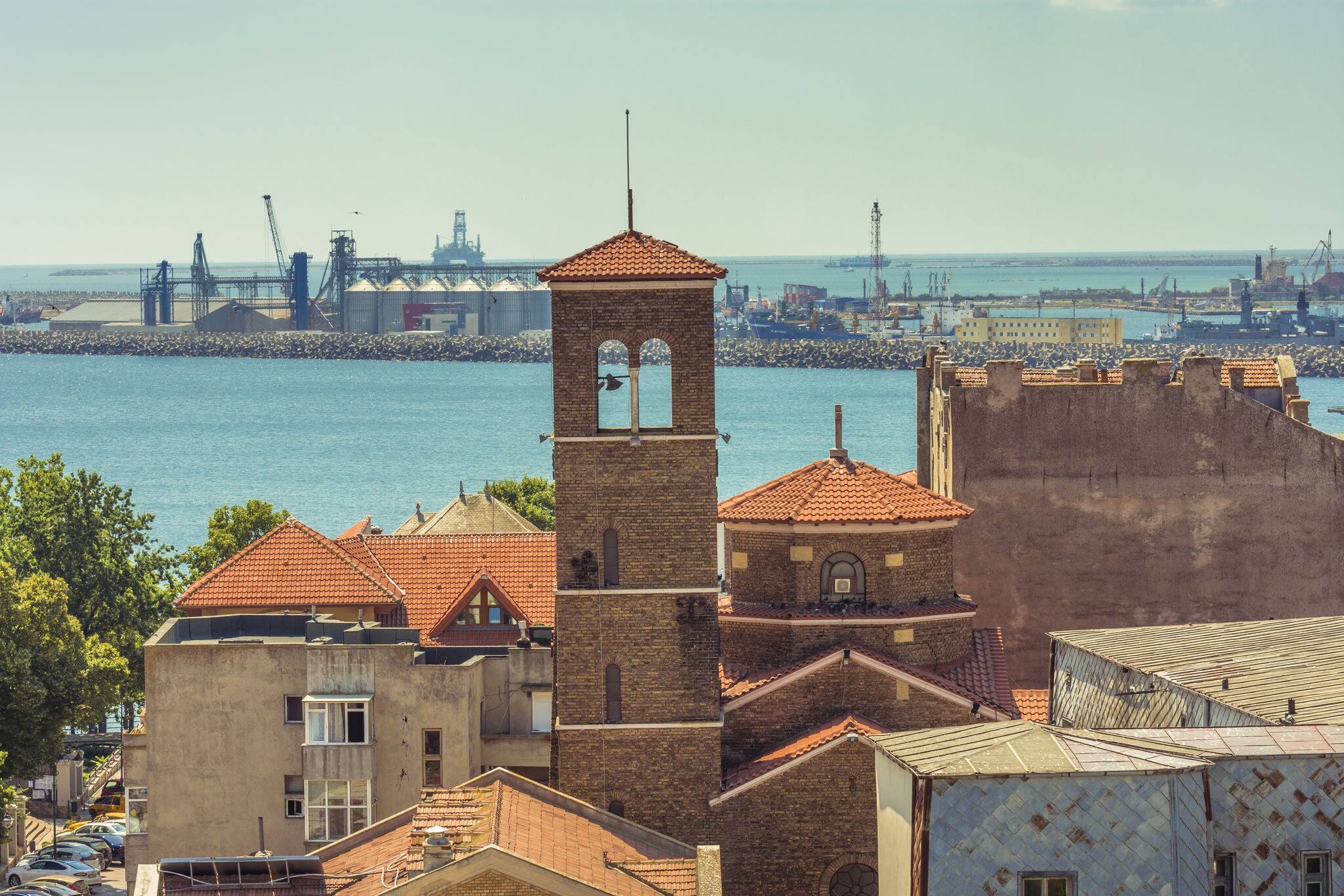 Constanta aerial view to old town. Constanta is the oldest continuously inhabited city in Romania and is the biggest port at the Black Sea.