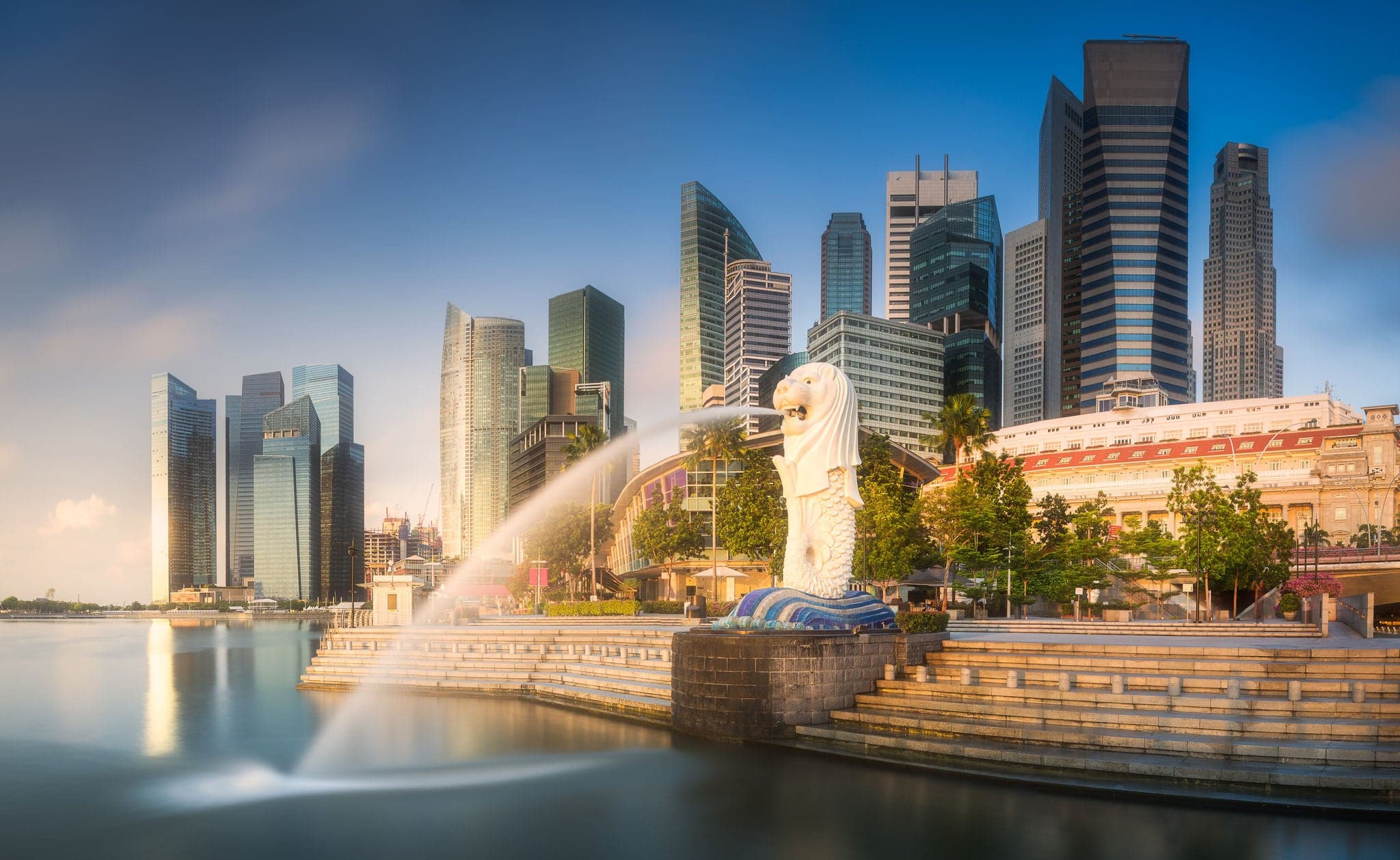 View of business district and Marina bay skyline at sunrise in Singapore