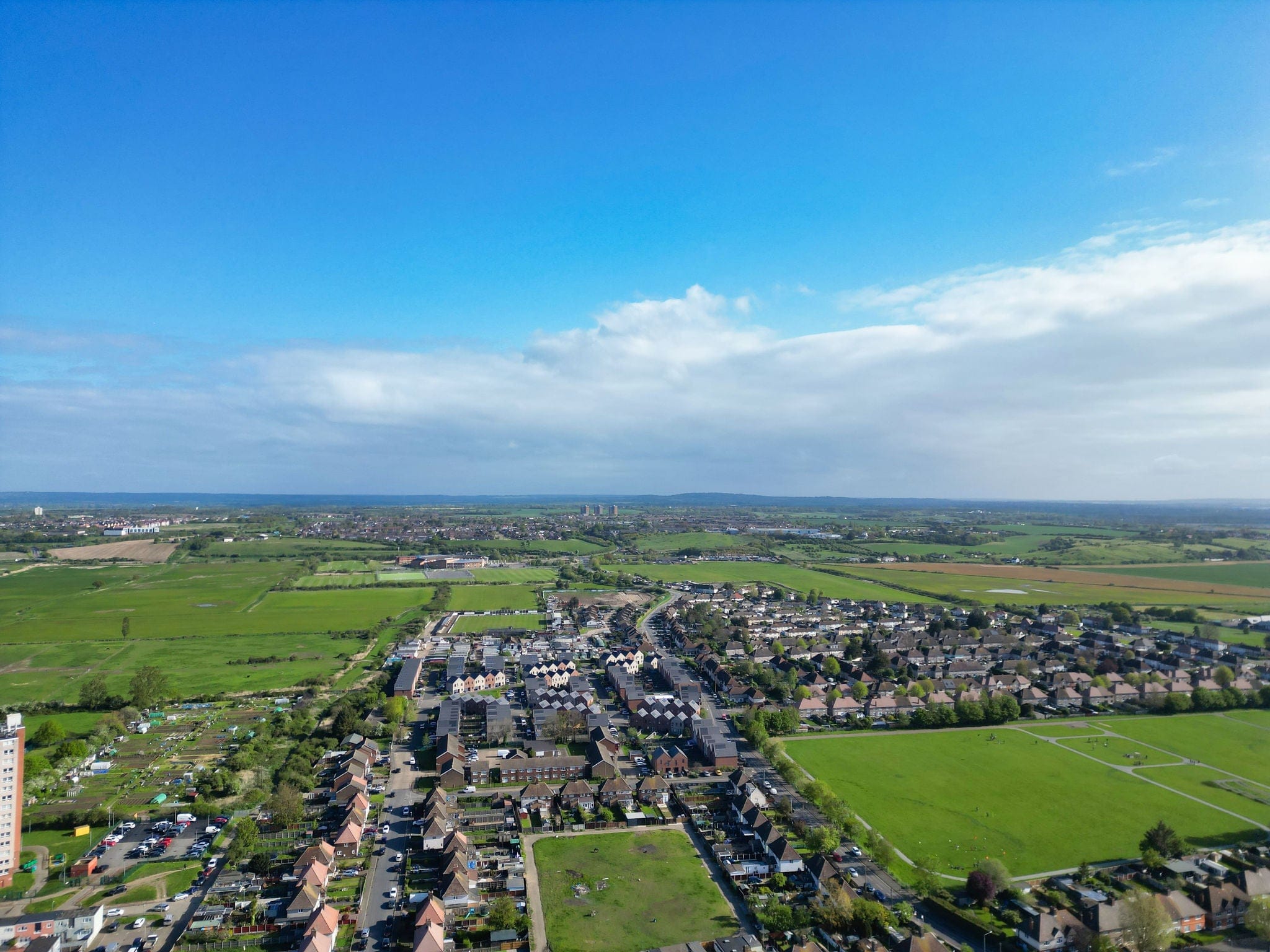 Aerial View of Tilbury City Centre and Docks on River Thames, borough of Thurrock, Essex, England, United Kingdom. Aerial View Was Captured with Drone's Camera on April 20th, 2024