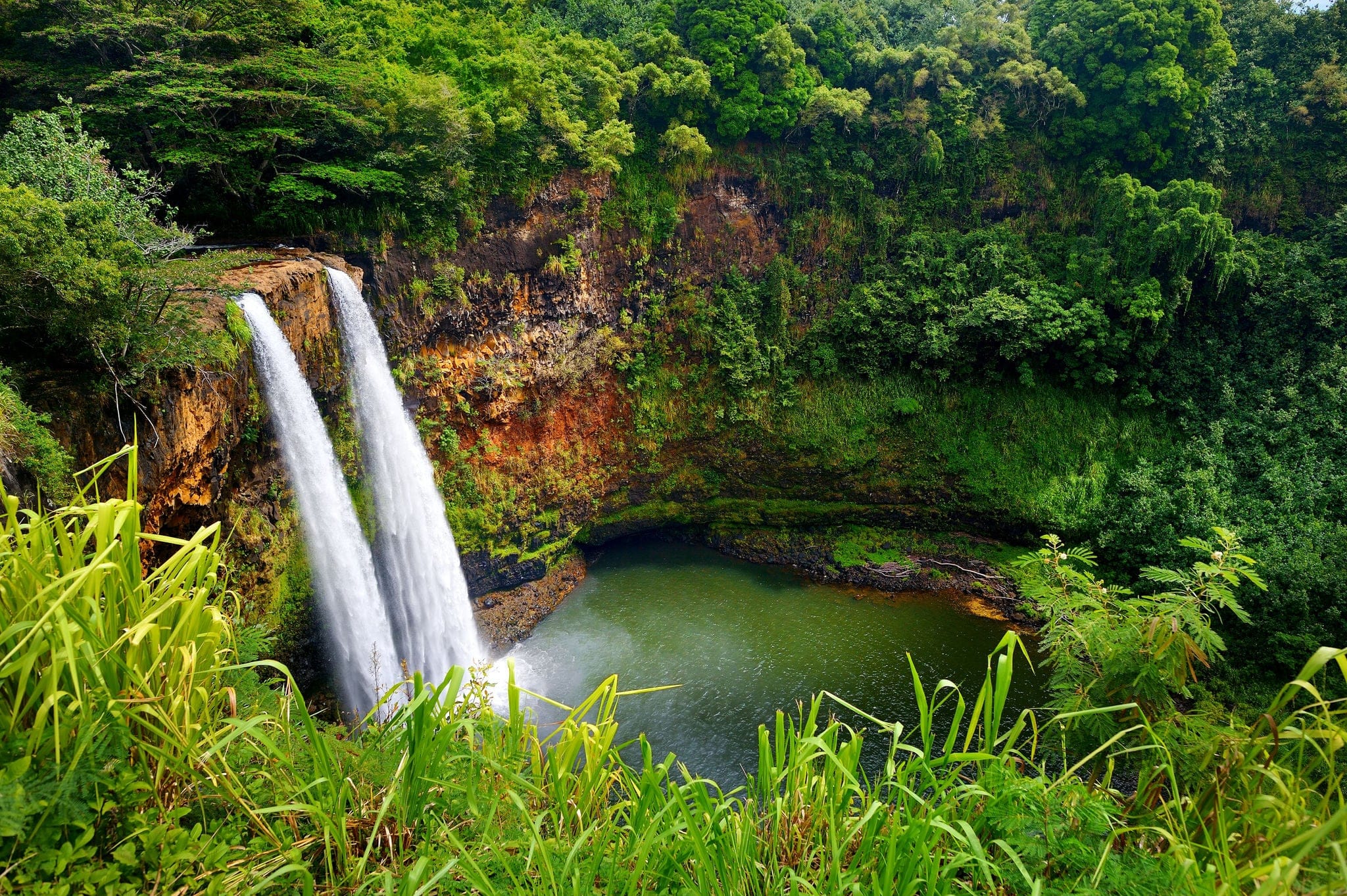 Majestic twin Wailua waterfalls on Kauai, Hawaii