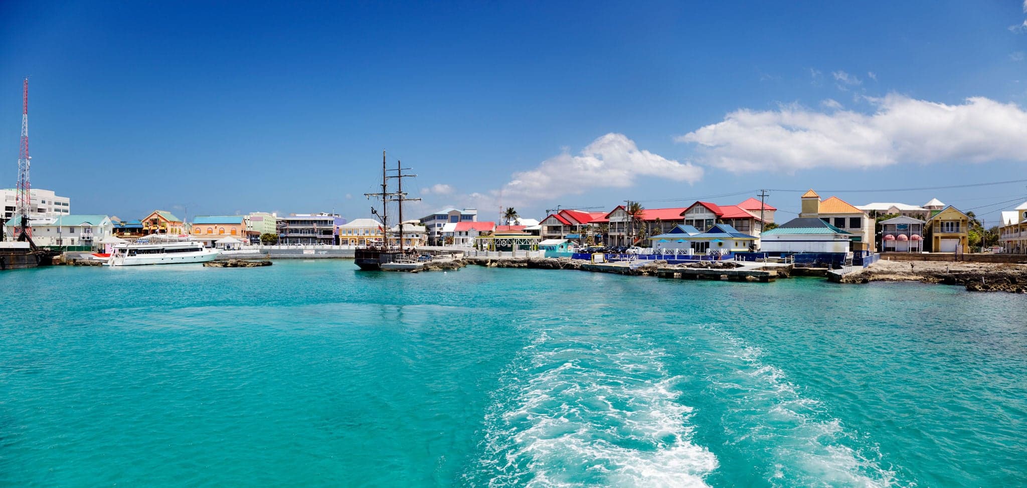 George Town waterfront, Cayman Islands, from the water on a sunny afternoon