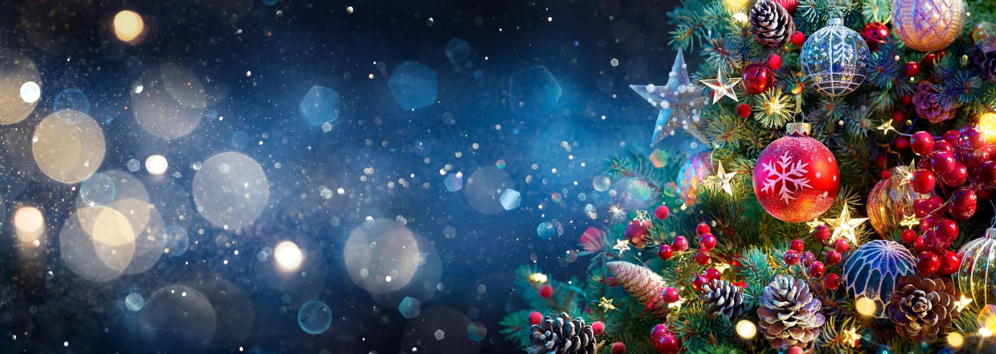 Christmas Tree With Baubles In Blue Night - Ornaments On Fir Branches With Glittering And Defocused Lights In Abstract Background