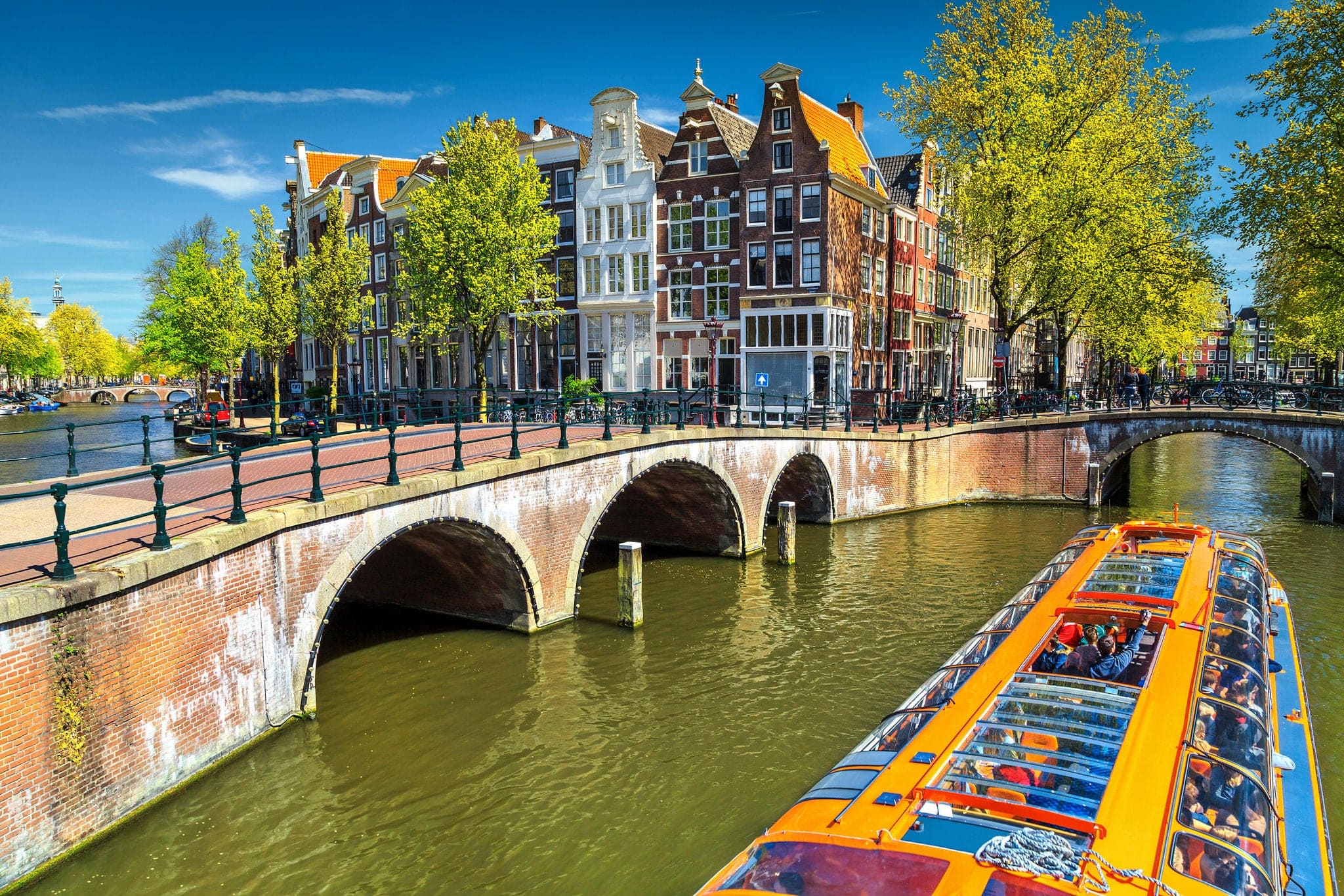Stunning Amsterdam canals and typical dutch houses in capital of Netherlands, Europe
