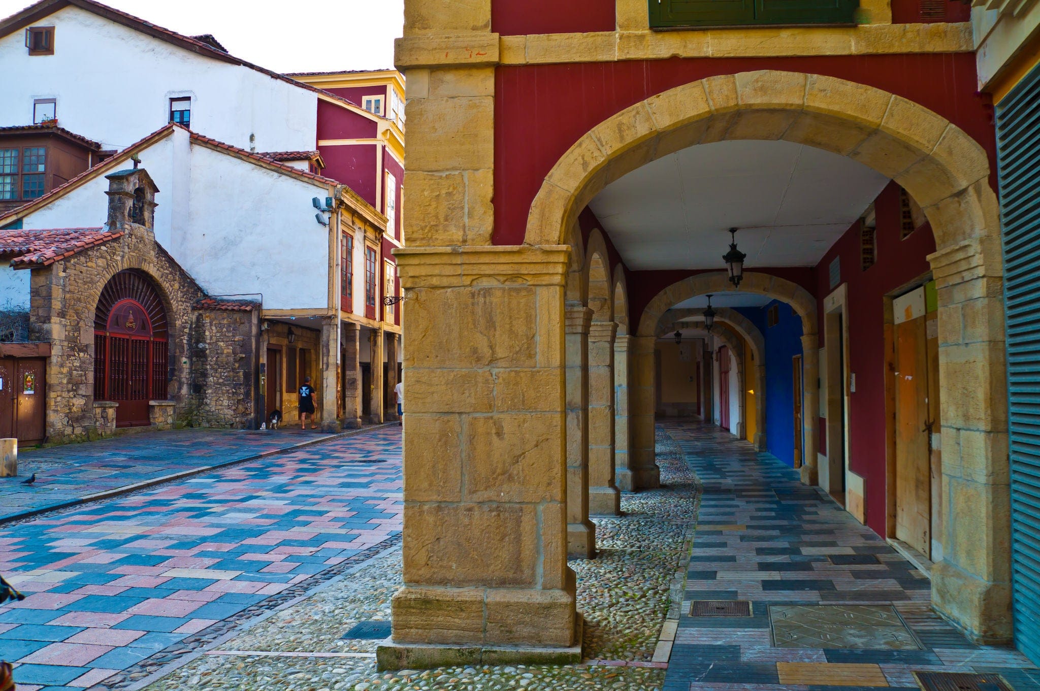 Colorful building facades in Asturias Aviles Spain at sunset