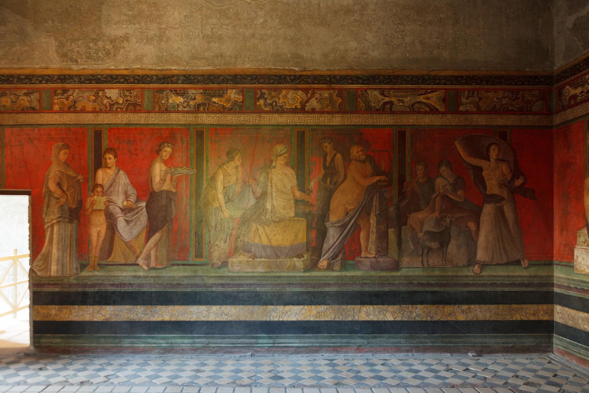 Fresco on walls of villa of the mysteries in Pompeii (Pompei). Ancient Roman city in Pompei, Province of Naples, Campania, Italy