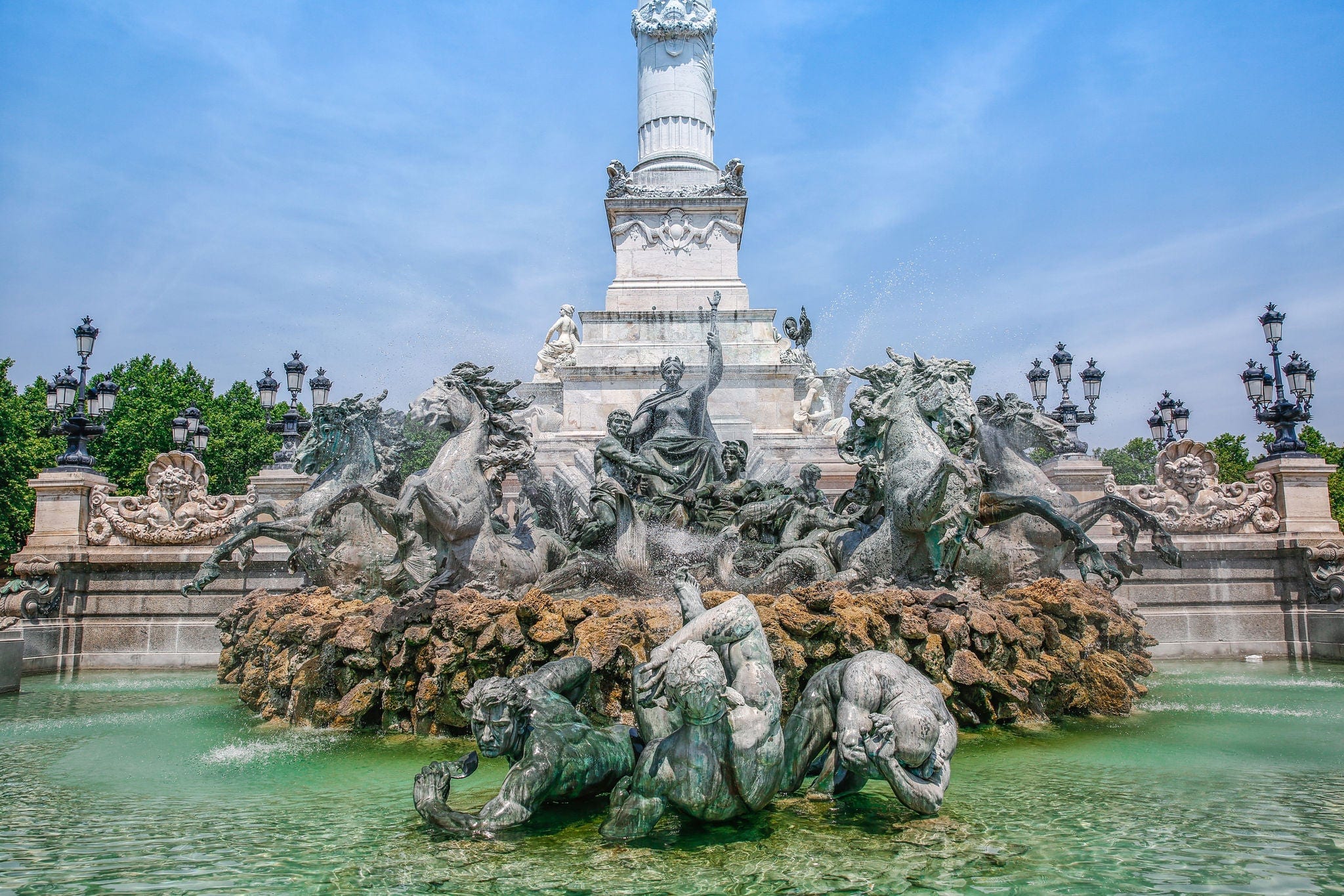 Girondins Monument column with fountain on place des Quinconces, Bordeaux, France