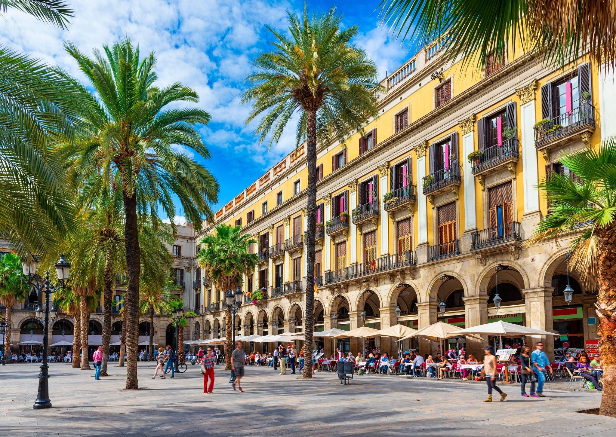 Plaza Real (Royal Square), in Barcelona, Catalonia, Spain. Architecture and landmark of Barcelona. Cozy cityscape of Barcelona