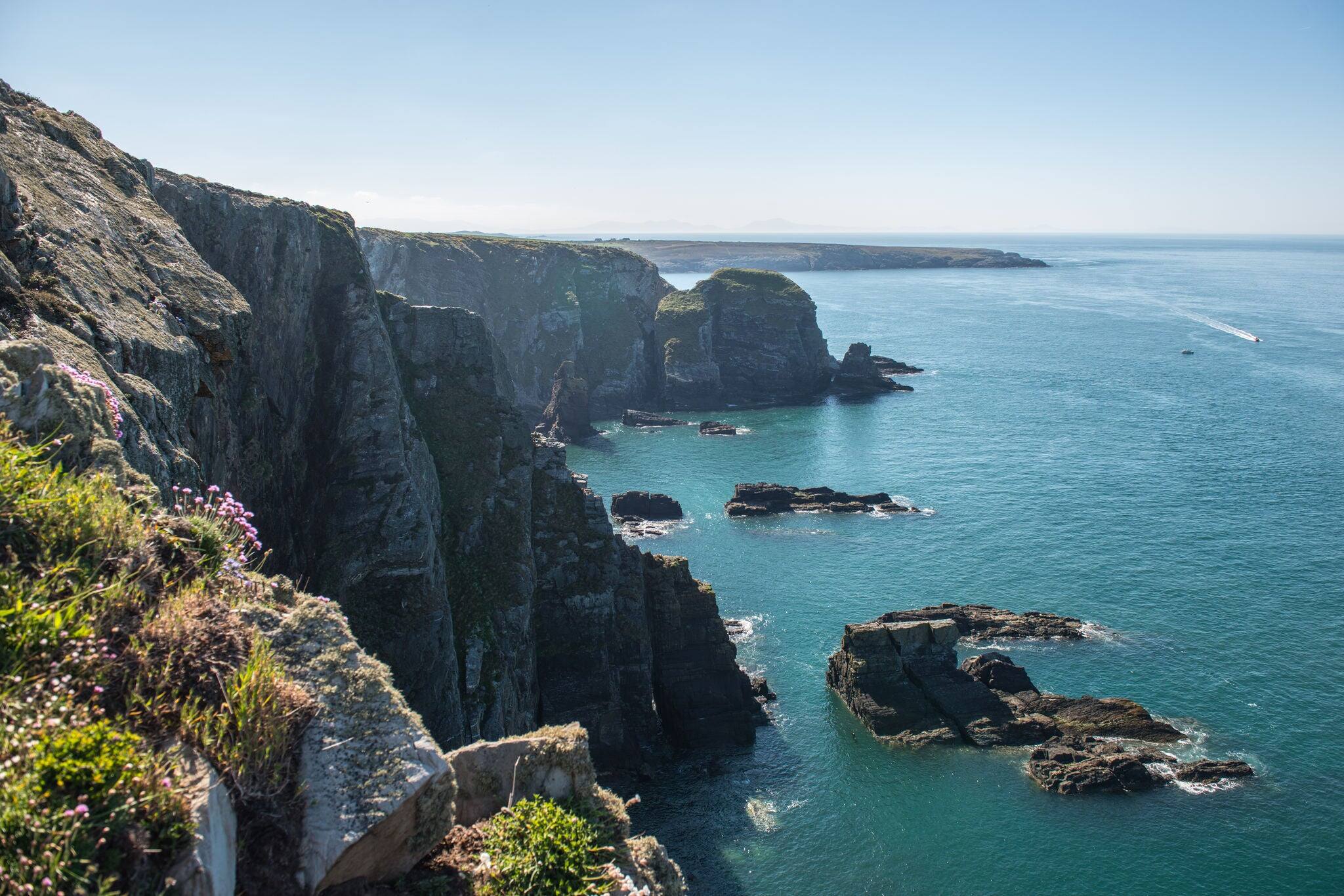 The panoramic view of South Stack Cliffs in Holyhead, Wales, UK
