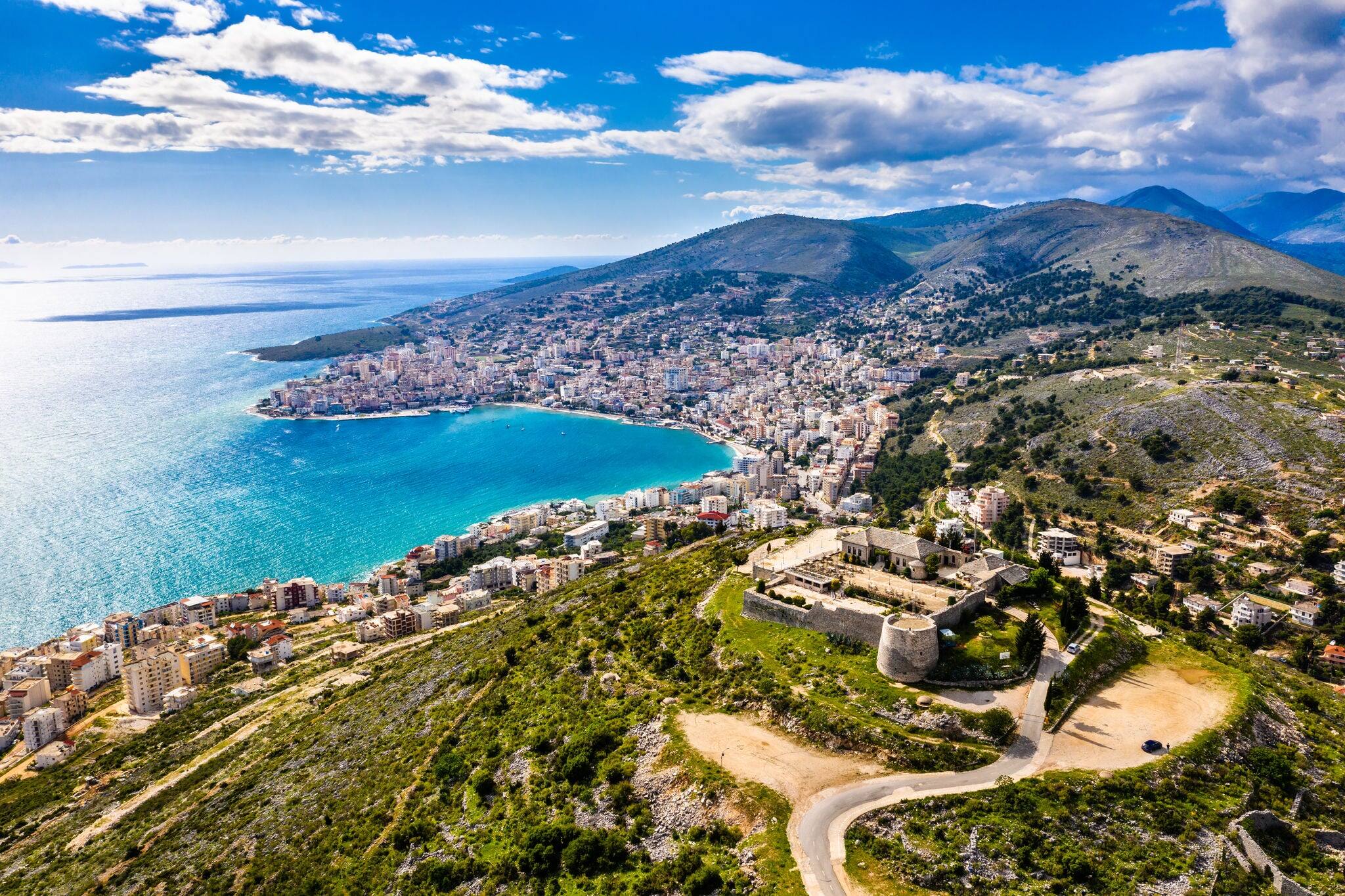 Aerial view of Lekuresi Castle in Saranda, South Albania