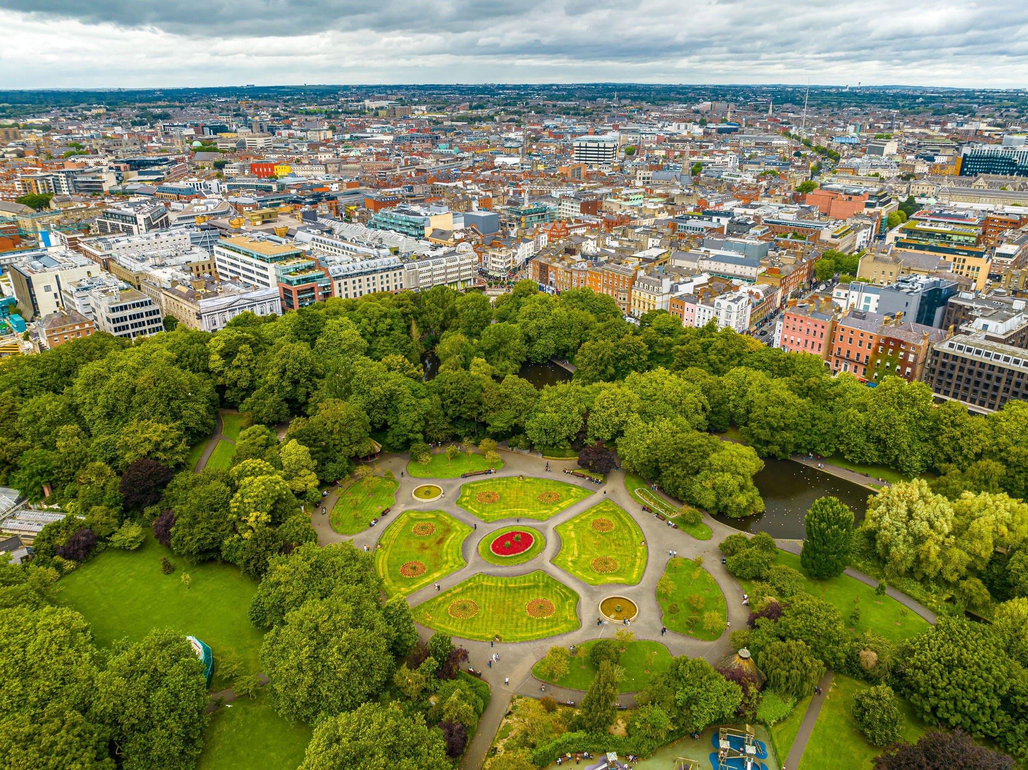 Aerial view of St Stephen's Green Park, a historical park and garden, located in the centre of Dublin city
