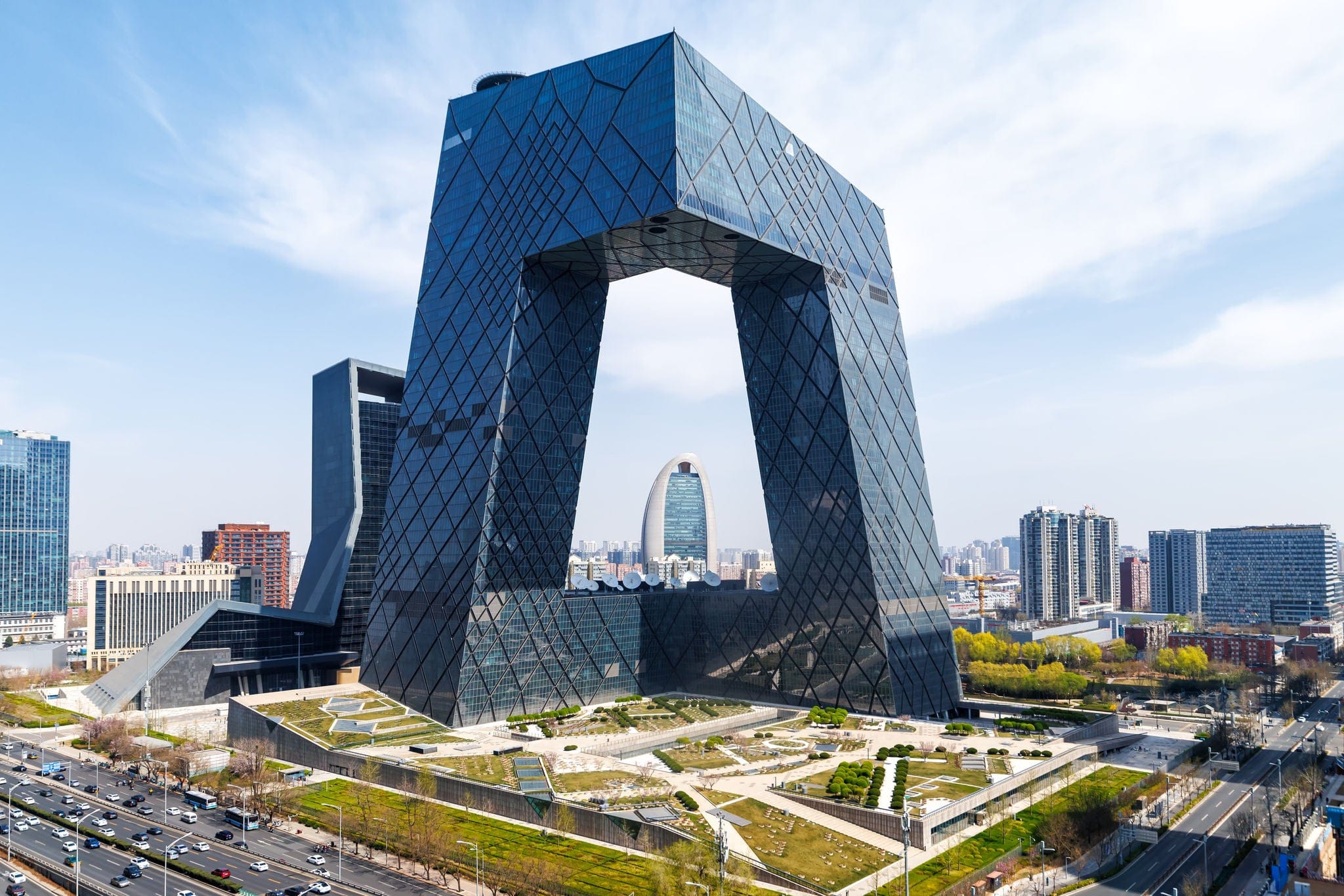 Beijing central business district CBD skyline with China Central Television CCTV headquarters HQ in Beijing, China