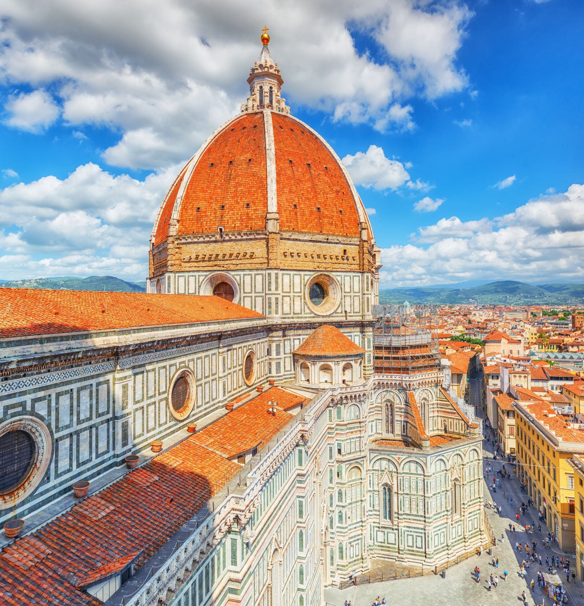Above view Santa Maria del Fiore (Cattedrale di Santa Maria del Fiore) in Florence, most famous of the architectural edifice of the Florentine Quattrocento. Italy.