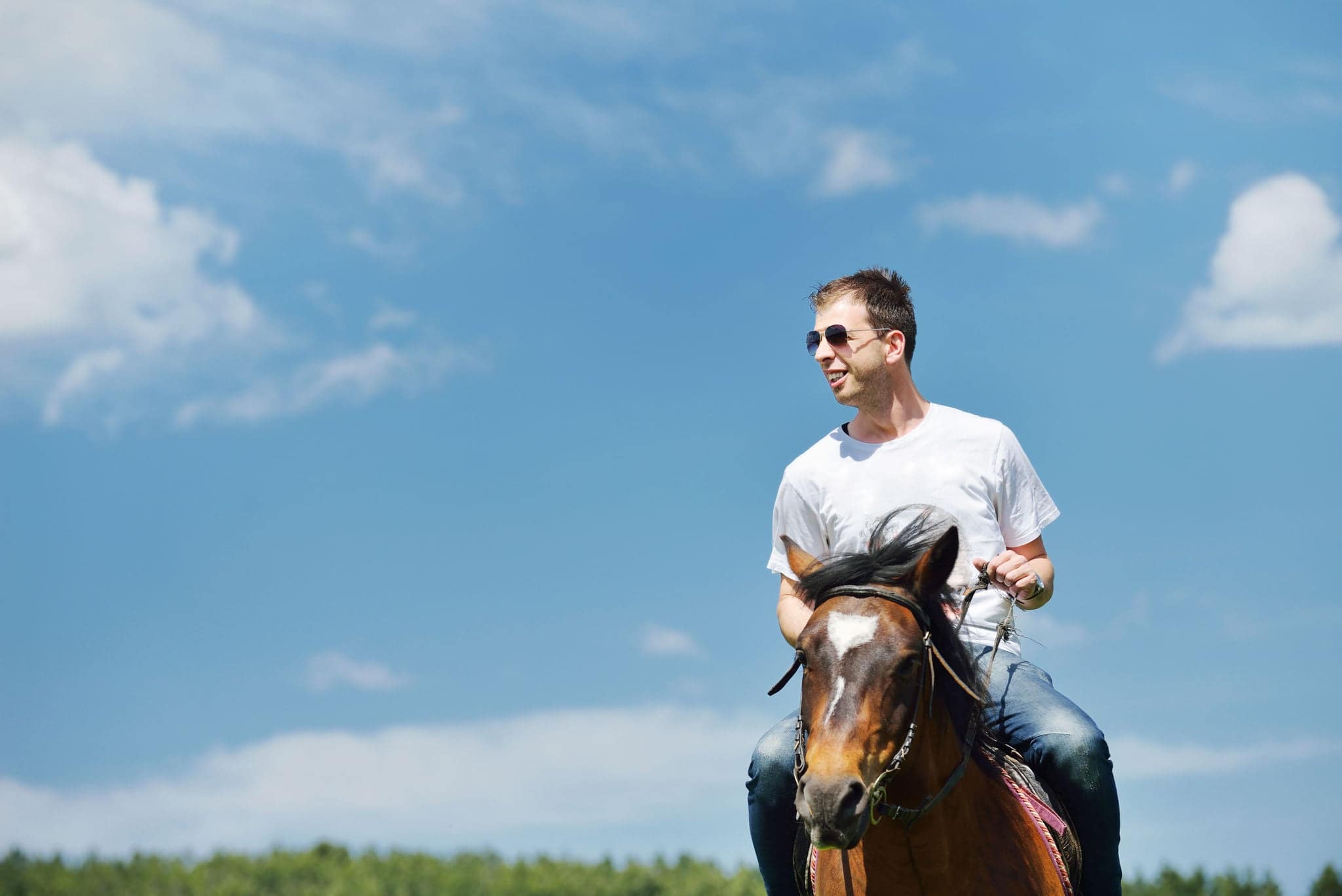 young man ride horse farm animal with blue sky in background