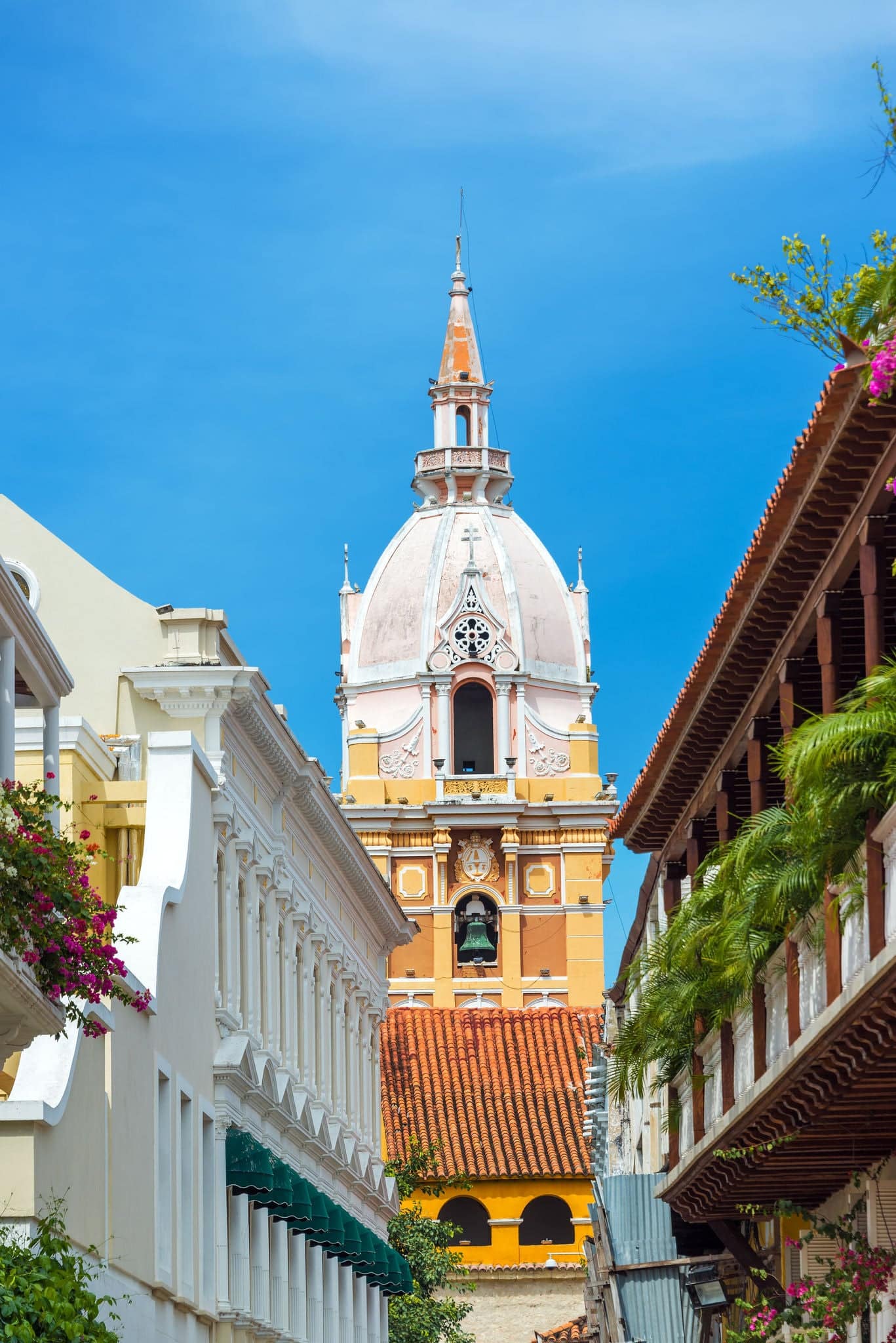 Vertical view of the stunning cathedral in the old historic center of Cartagena, Colombia