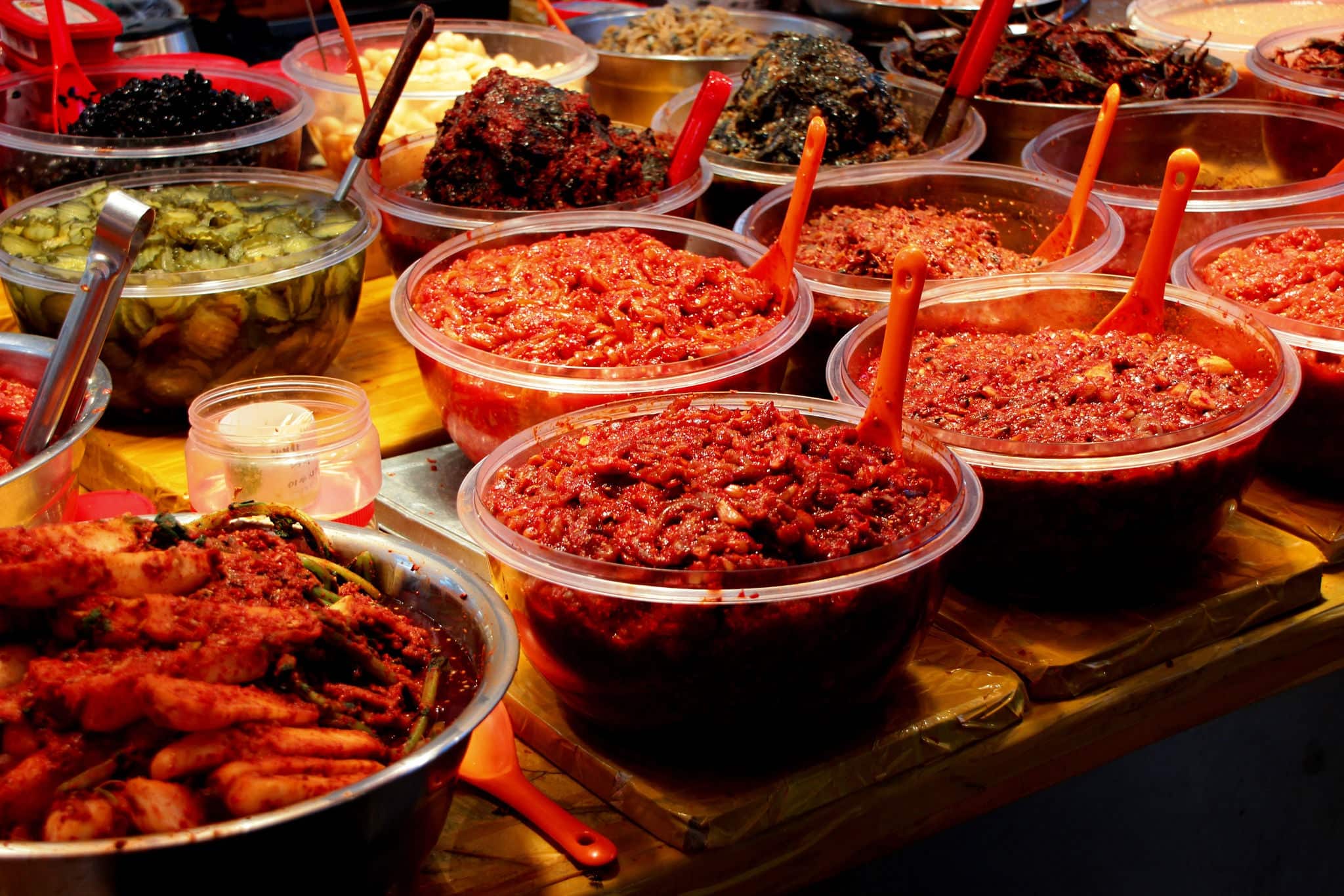 Kimchi on sale, Korean pickle food at traditional market on Jeju Island