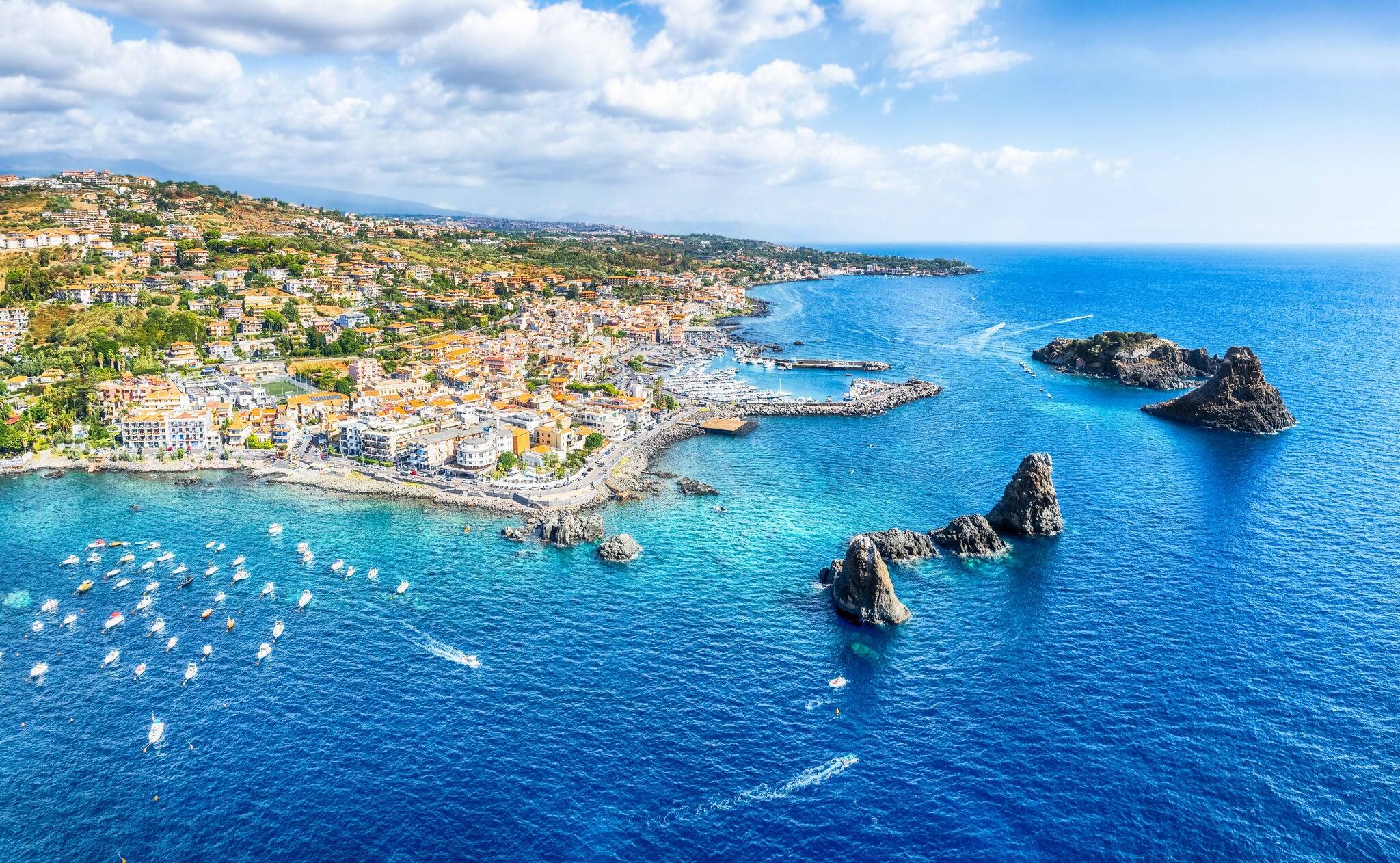 Landscape with aerial view of Aci Trezza, Sicily island, Italy