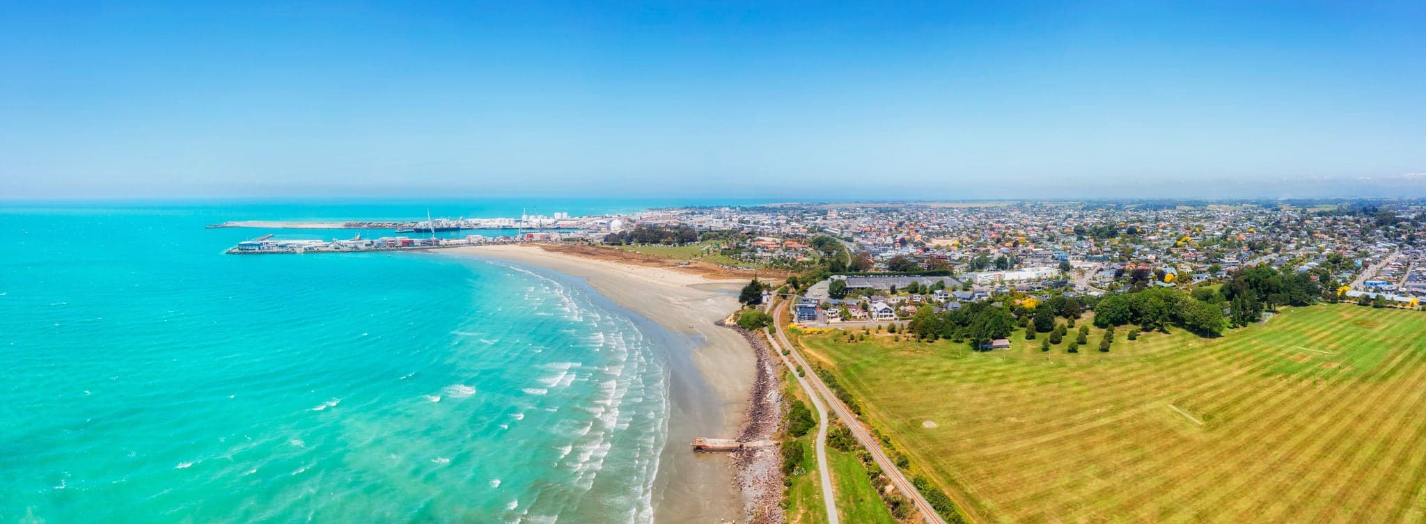 Timaru industrial port town on Pacific East coast of South Island in New Zealand - scenic aerial panorama.
