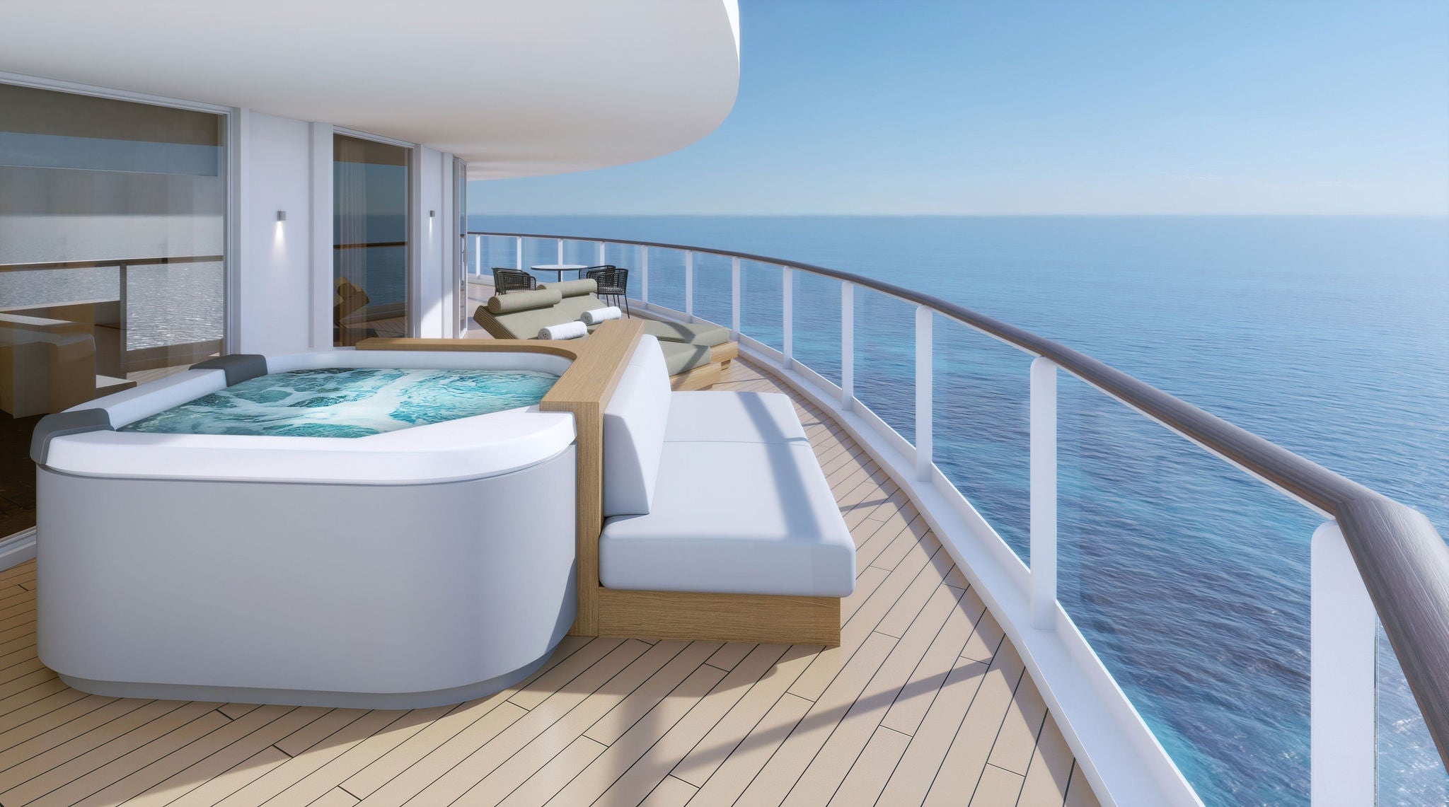 Suite principal con vista a la popa de The Haven, dormitorio principal y balcón grande, Norwegian Prima.