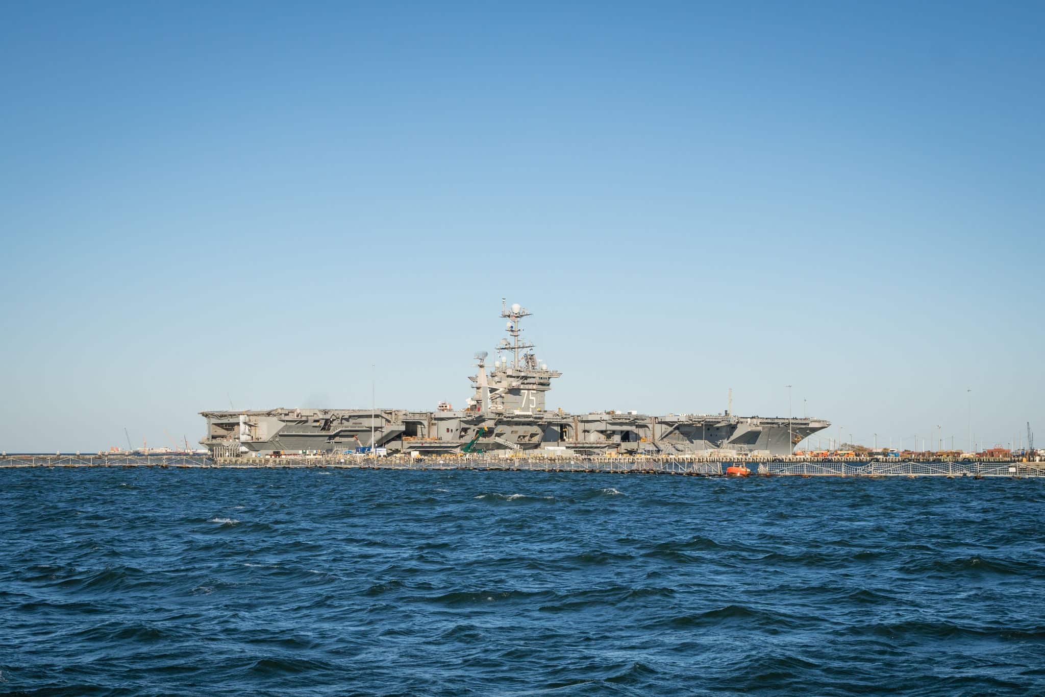U.S. naval warships at base in Norfolk, Virginia.