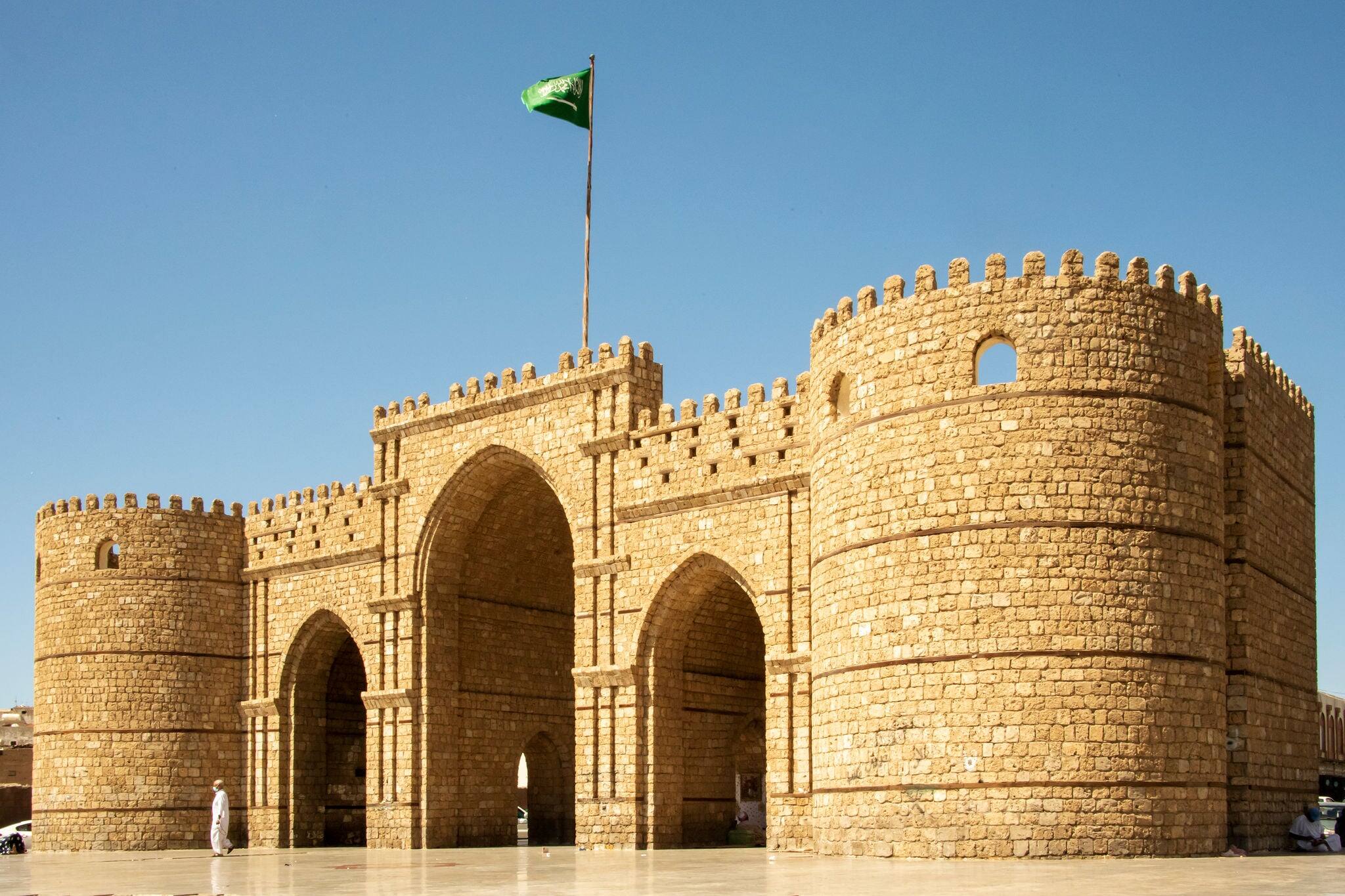Jewel of Saudi Arabia: Jeddah, the old city Al Balad 05 2021 with its typical covered windows and Roshans (balconies) Bab Gate to the old city center
