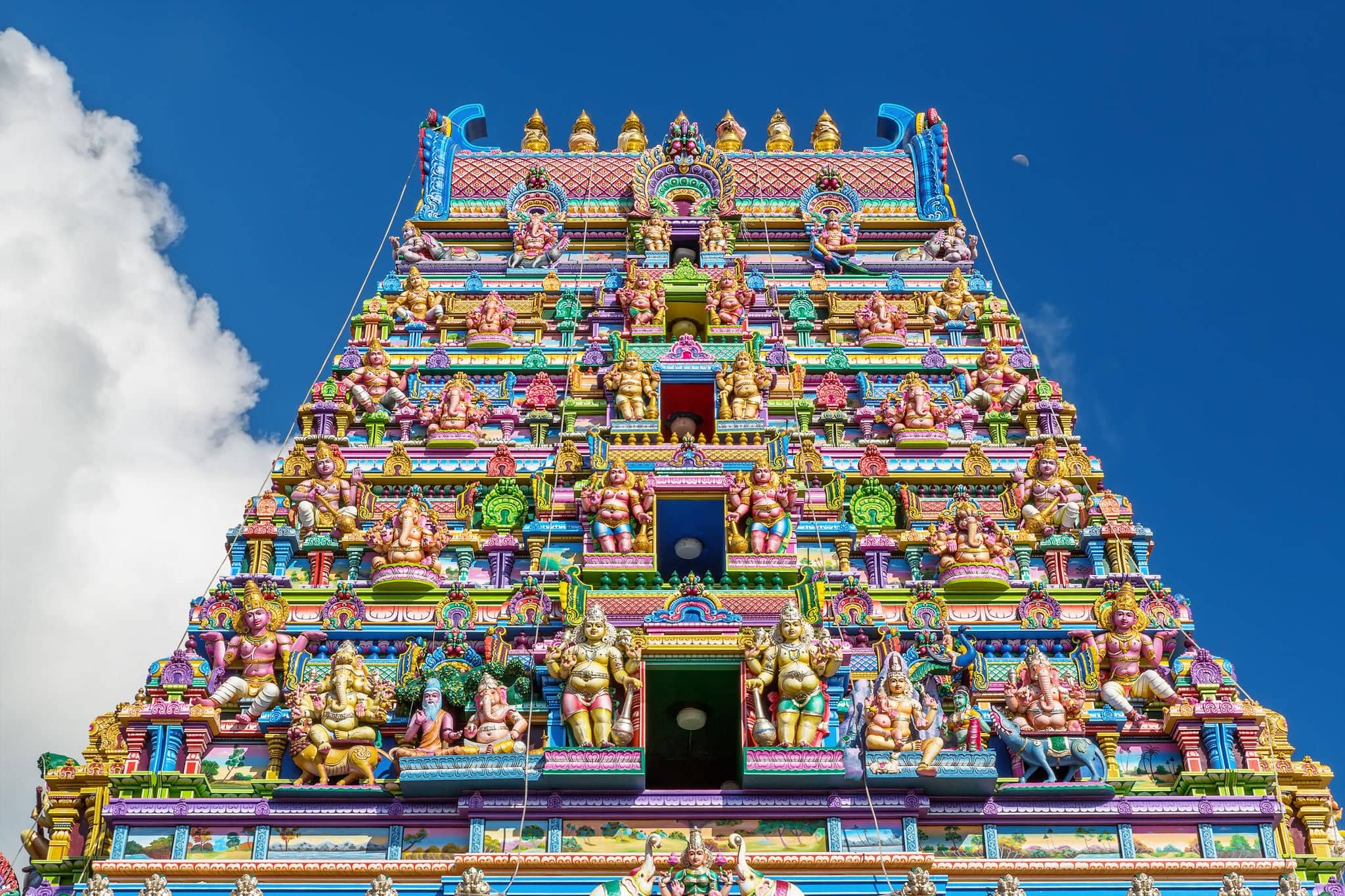 Colorful  facade of a Hindu temple in Victoria, Mahe, Seychelles, also known as ARUL MIHU NAVASAKTHI VINAYAGAR