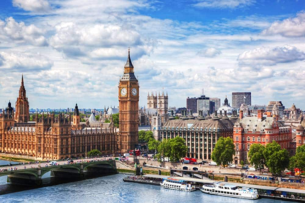 View of Big Ben, Westminster Bridge on River Thames in London, the UK