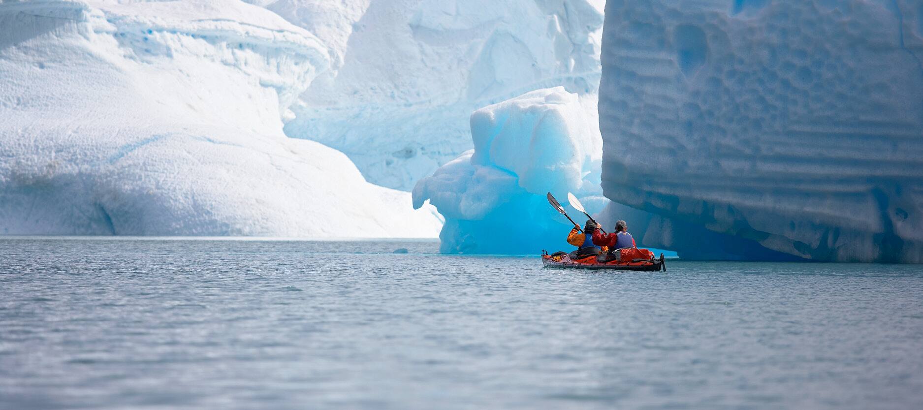 Navega en kayak entre espectaculares glaciares que emergen de las aguas serenas.