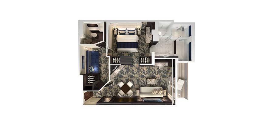 plano de The Haven Villa familiar de 2dormitorios con balcón grande