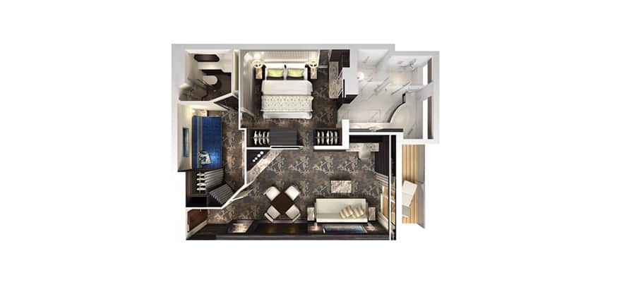 plano de The Haven Villa familiar de 2dormitorios con balcón grande