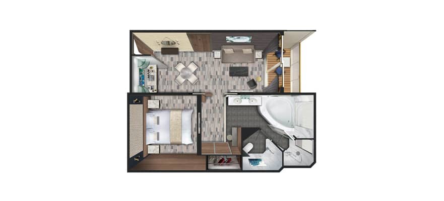 plano de Penthouse de lujo orientado a proa con balcón grande