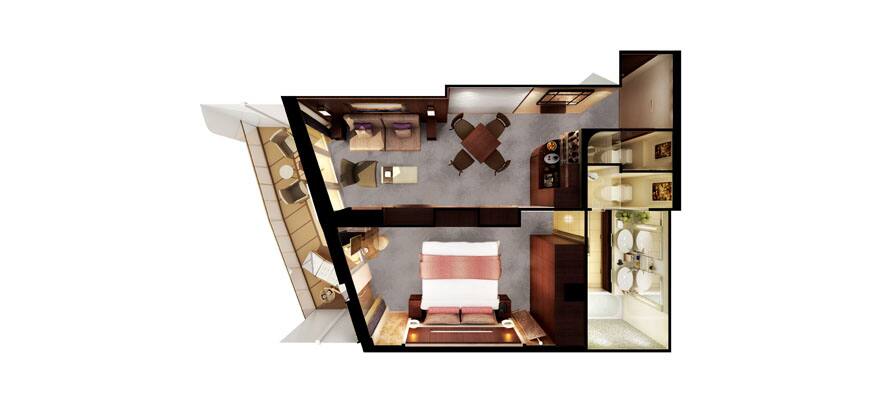 plano de The Haven Penthouse orientado a popa con habitación principal y balcón