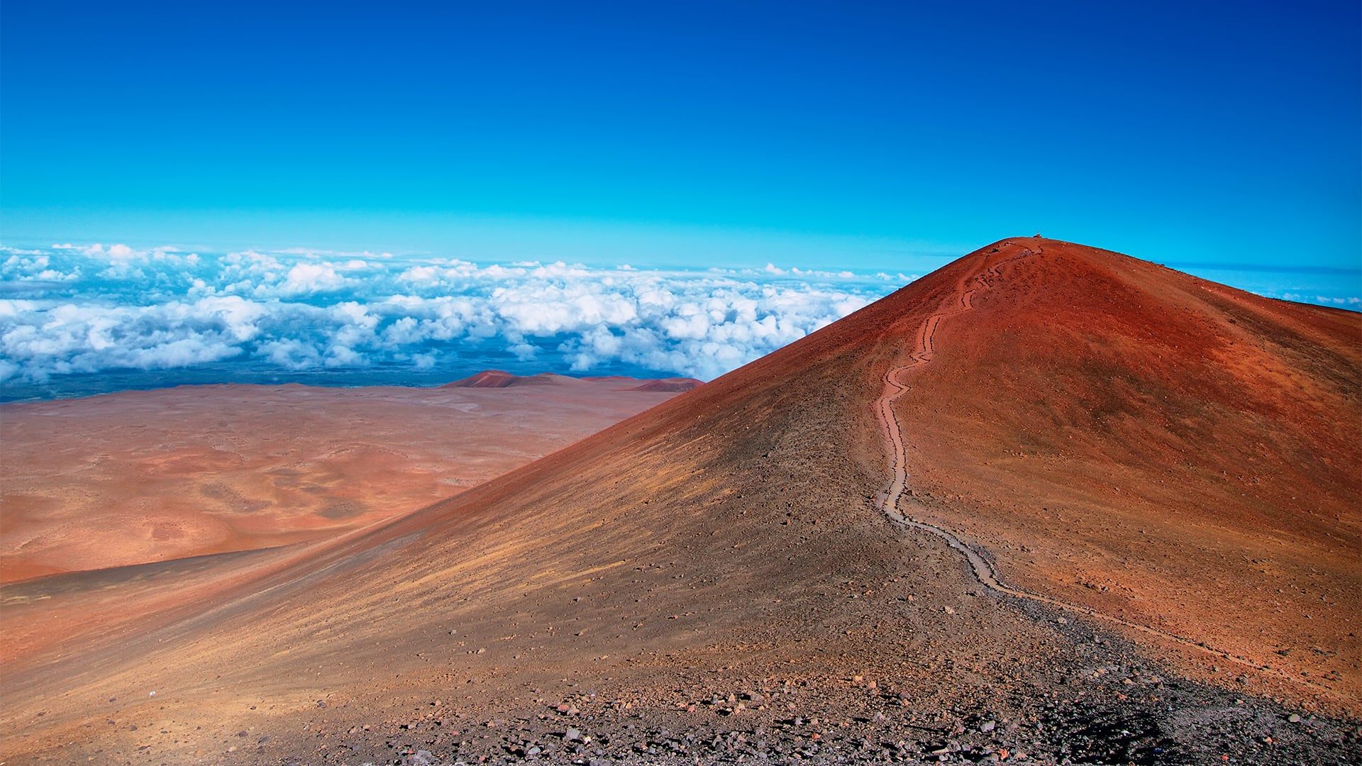 Vivid red clay dirt crumbles on a hill alongside a road on Maui