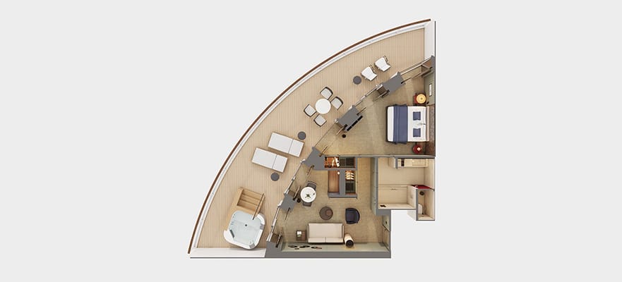 plano de The Haven Owner's Suite con orientación a la popa, habitación principal y balcón grande