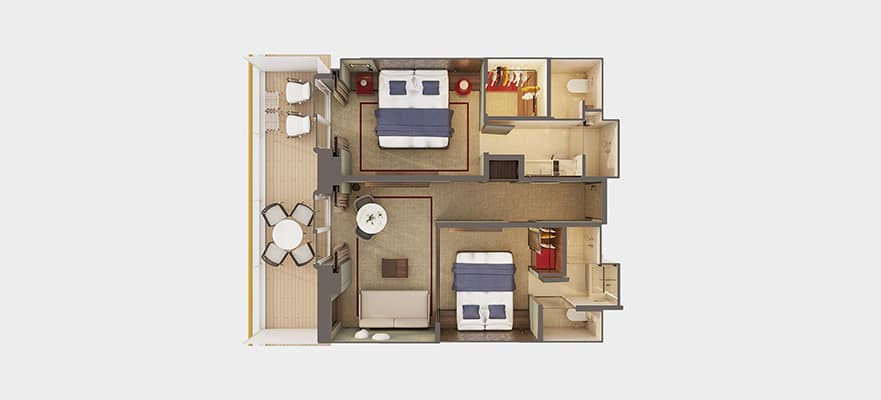 plano de The Haven Villa familiar de 2dormitorios con balcón grande