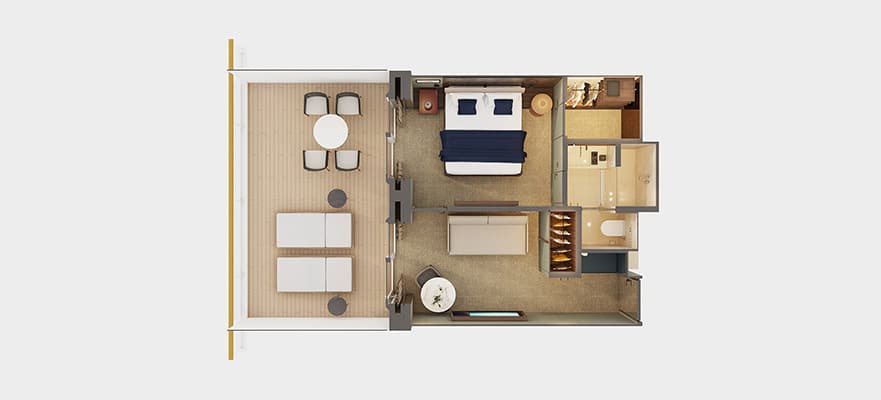 plano de The Haven Penthouse orientado a popa con habitación principal y balcón grande